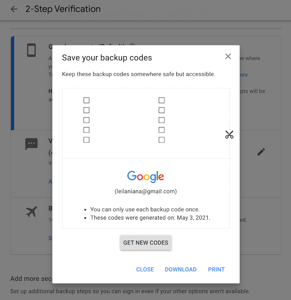 2 factor authentication google backup codes