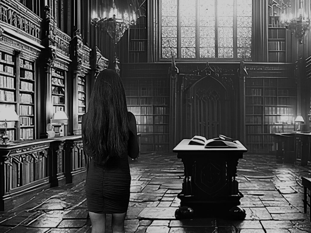 woman standing in library, black and white self portrait photography, ai generated image background